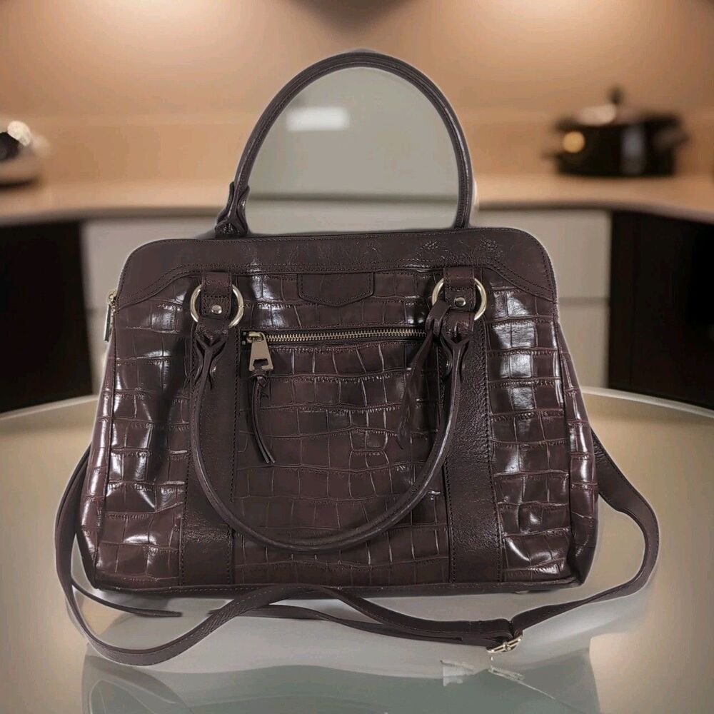 VTG Clarks 14” in Brown Croc Embossed Genuine Leather Tote Shoulder Bag Handbag